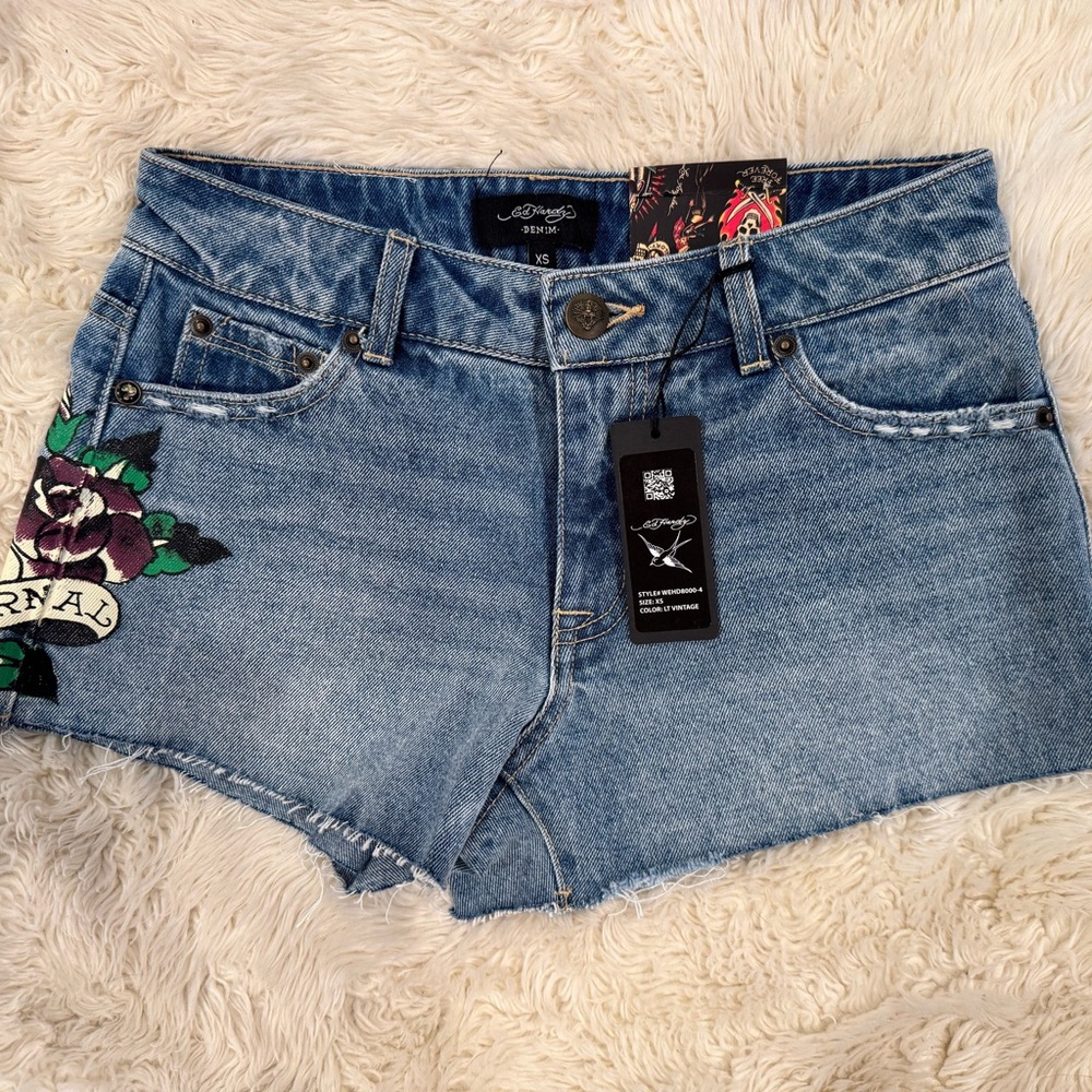 Ed Hardy Blue Jean Shorts with Floral Embroidery